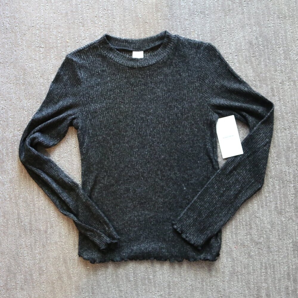 NWT Nordstrom Girls Soft Lettuce Hem Black Long Sleeve Shirt Large 10-12